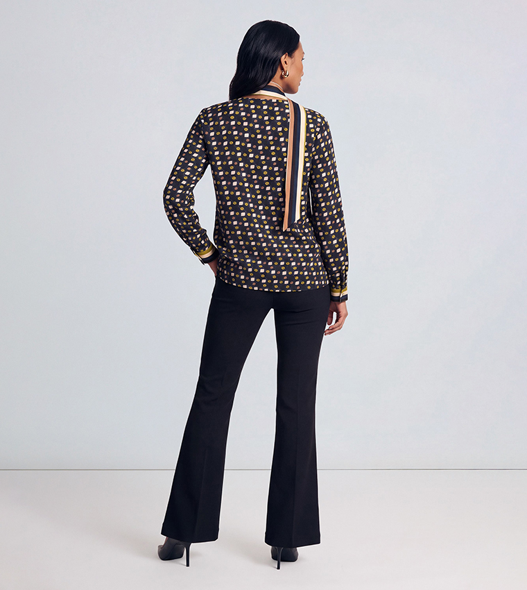 Fluid Geo Printed Scarf Detail Long Sleeves Top