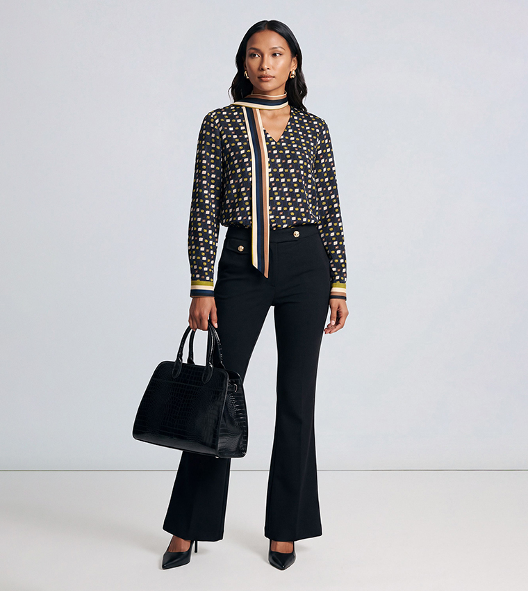 Fluid Geo Printed Scarf Detail Long Sleeves Top