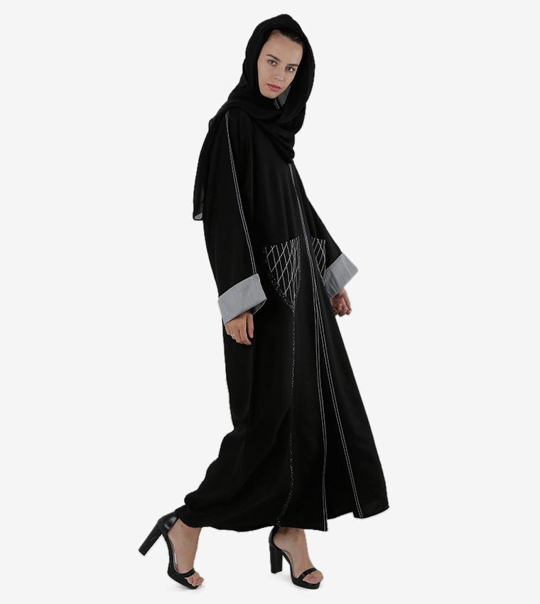 Long Sleeves Pocket Detail Open Front Abaya