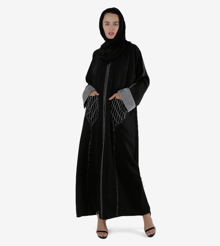 Long Sleeves Pocket Detail Open Front Abaya
