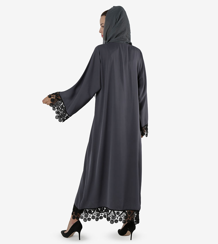 عباية بتصميم مفتوح من اكبيرام و اكمام طويلة - رمادي