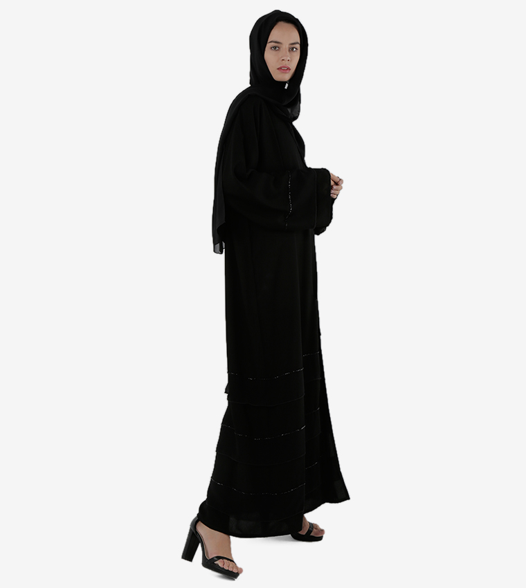 عباية بأكمام طويلة وياقة مستديرة - أسود