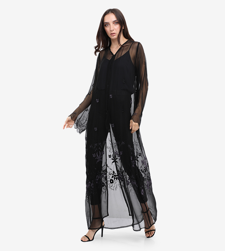 Embroidered V_Neck Log Sleeves Abaya 