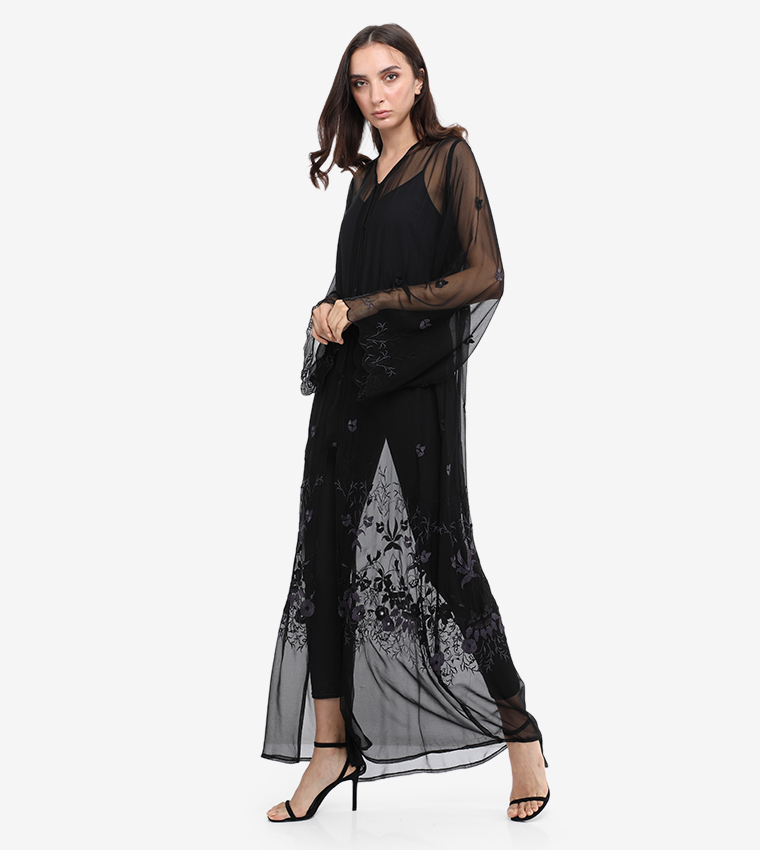 Embroidered V_Neck Log Sleeves Abaya 