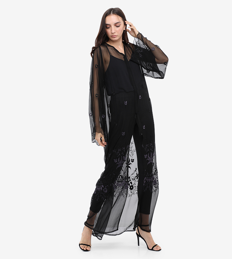 Embroidered V_Neck Log Sleeves Abaya 