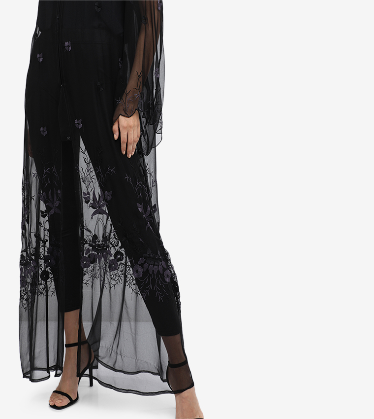 Embroidered V_Neck Log Sleeves Abaya 