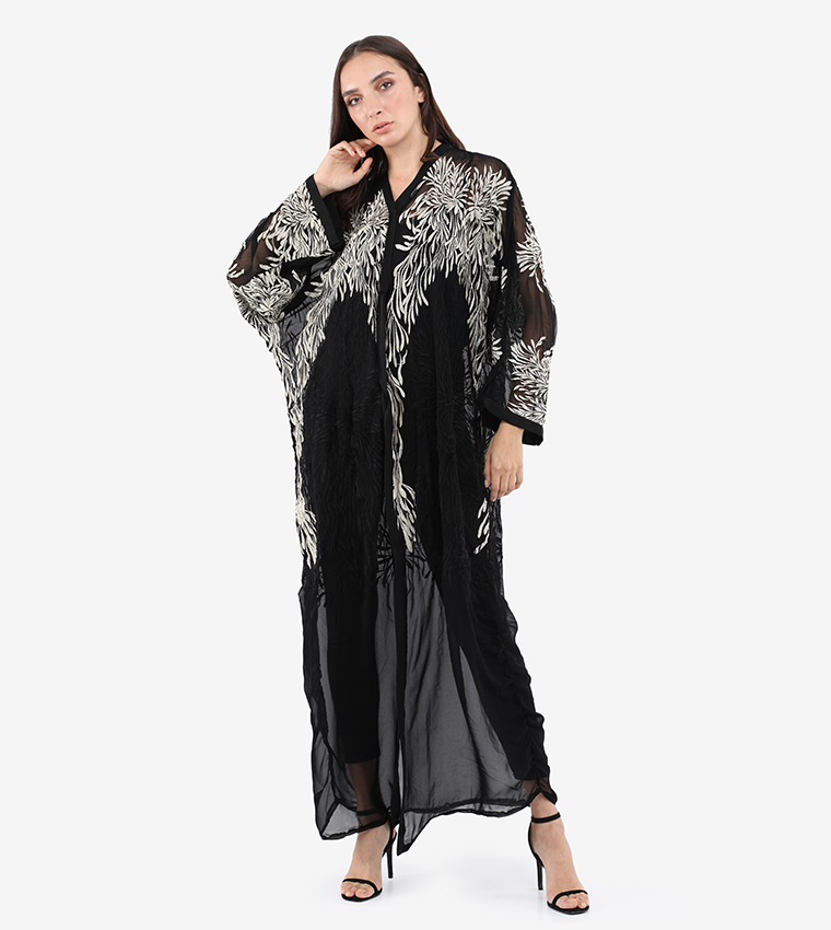 Embroidery V-Neck Long Sleeve Abaya