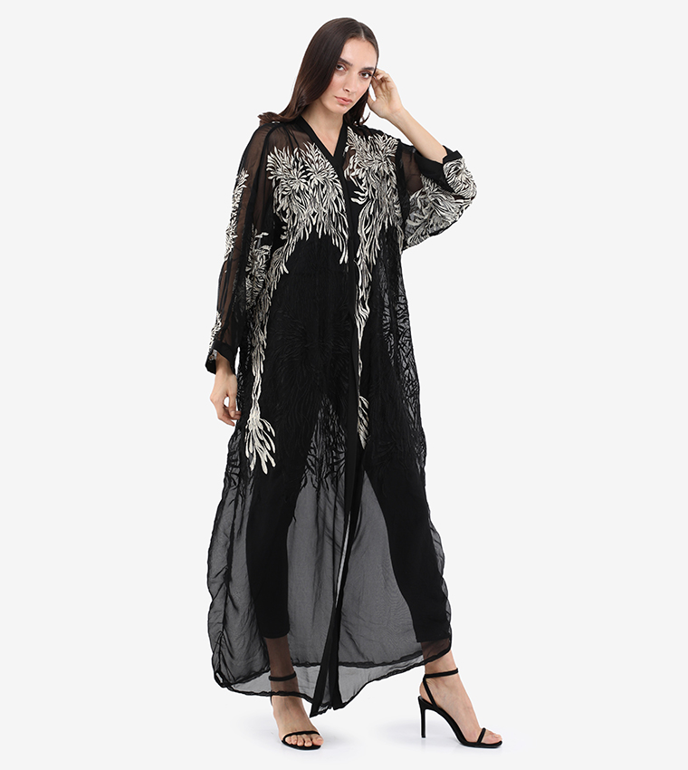 Embroidery V-Neck Long Sleeve Abaya