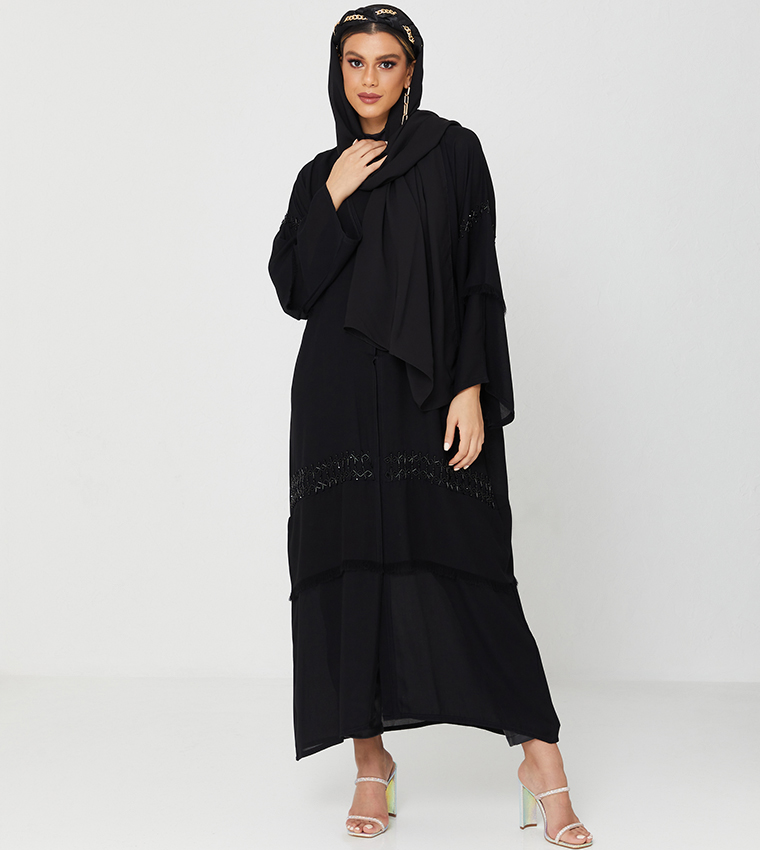 Abaya Design With Black Stone Hand Work On It-Black