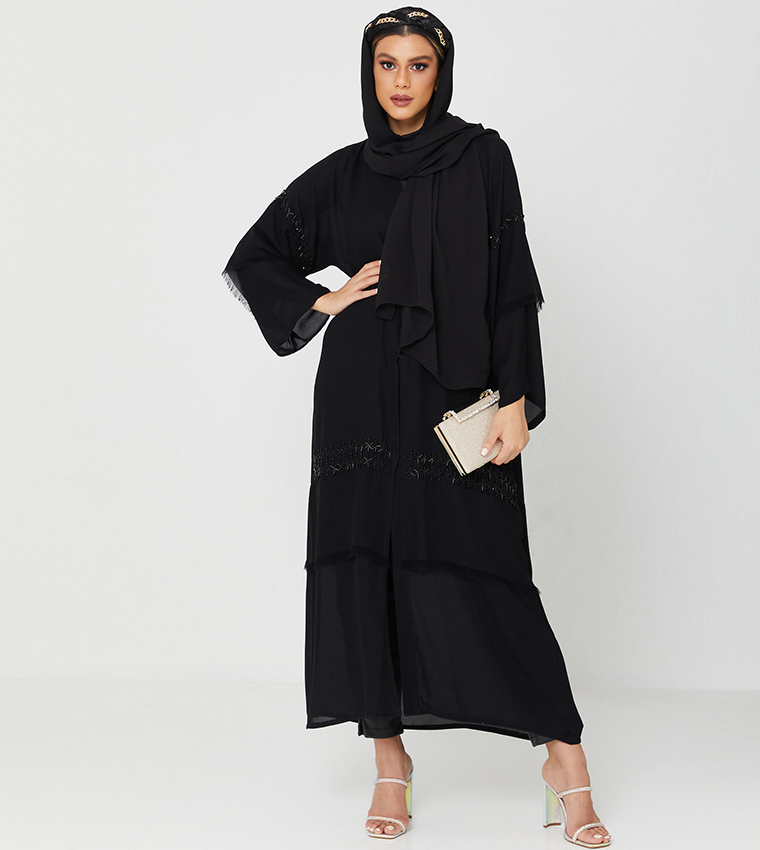 Abaya Design With Black Stone Hand Work On It-Black