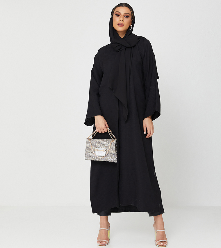 Abaya With Embrodery And With Mirror Pieces On It-Black