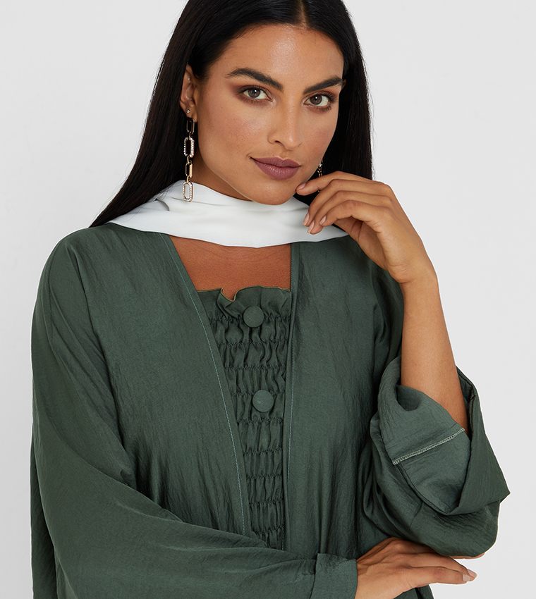 Green Color Abaya With Elastic Kuchi Work And Green Buttons Also Green Inner Top Two Pcs Abaya