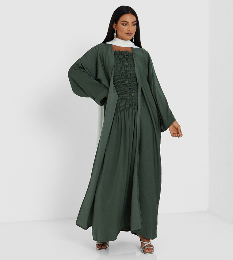 Green Color Abaya With Elastic Kuchi Work And Green Buttons Also Green Inner Top Two Pcs Abaya