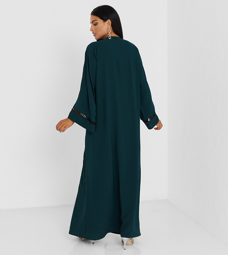 Dark Green Abaya With White Inner Top And Black Laise Design Work 