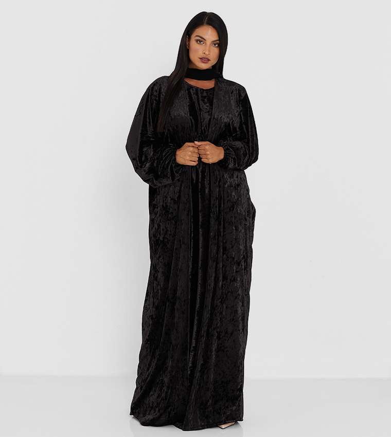 Black Color Velvet Abays With Same Cloth Inner Top Shaded Cloth Two Pcs Abaya