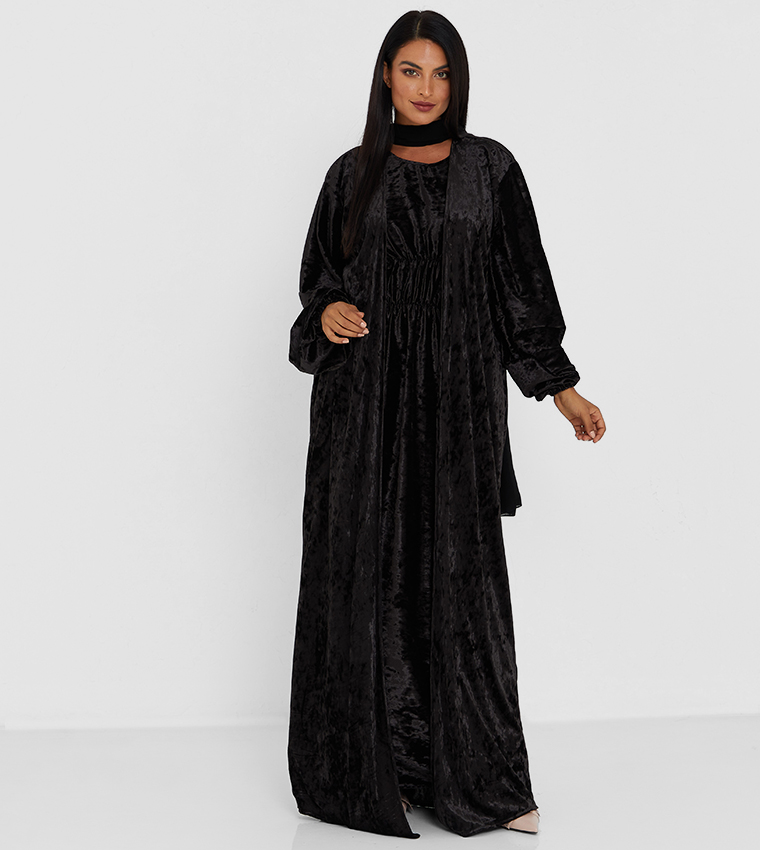 Black Color Velvet Abays With Same Cloth Inner Top Shaded Cloth Two Pcs Abaya
