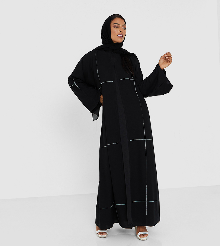 Black Abaya With White And Black Stone Hand Work