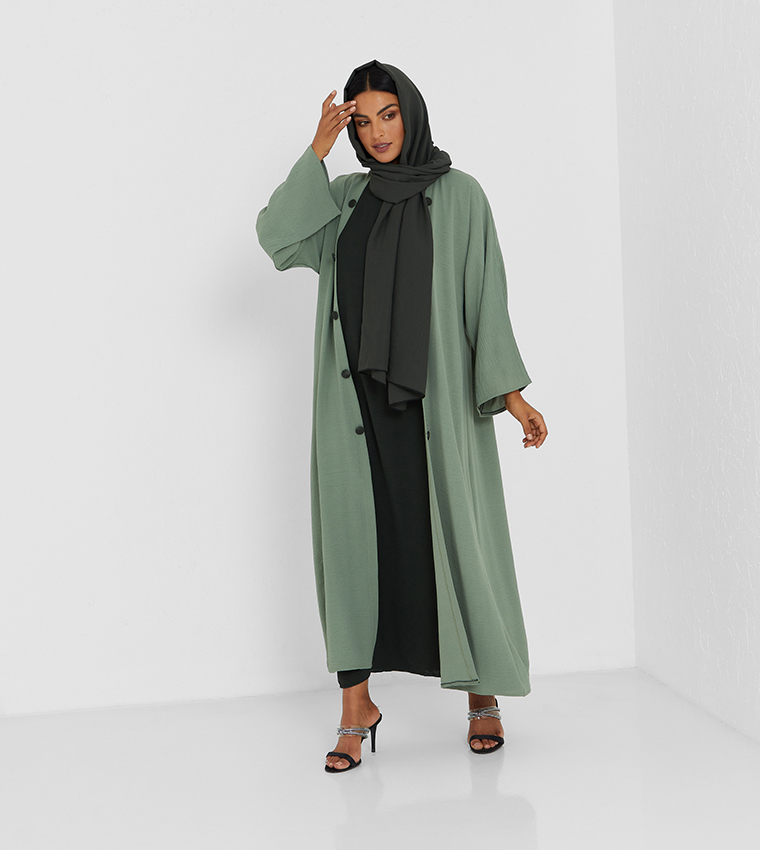 Green Color Abaya With Grey Color Inner Top And Grey Button Two Pcs Abaya