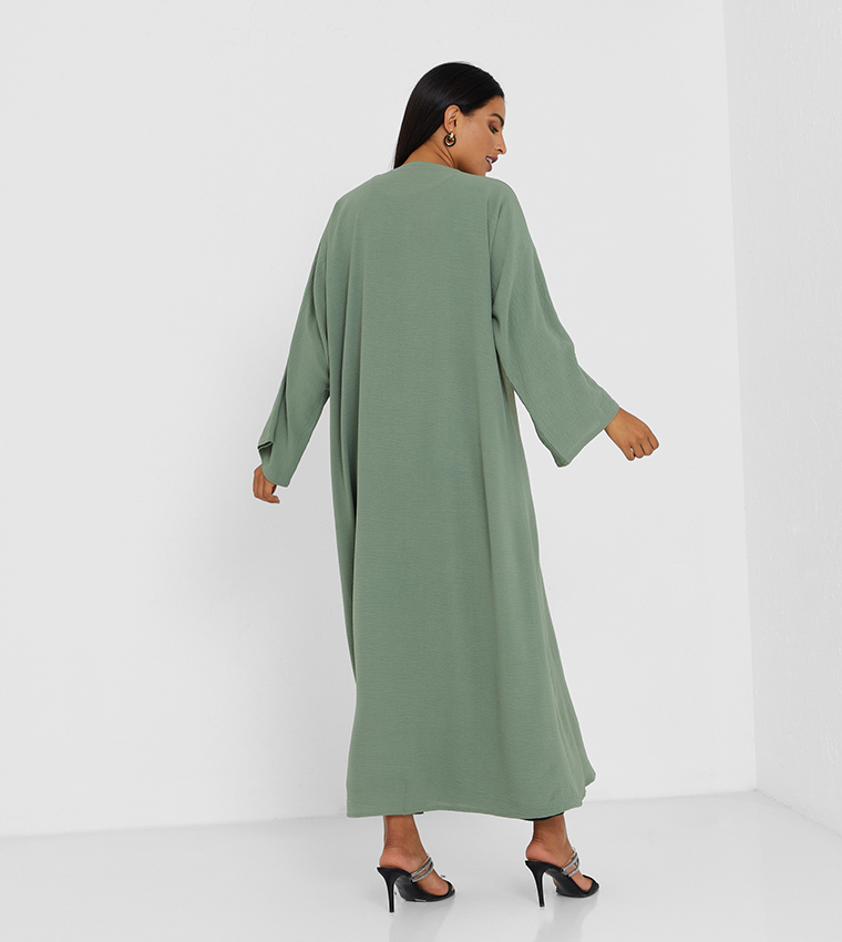 Green Color Abaya With Grey Color Inner Top And Grey Button Two Pcs Abaya