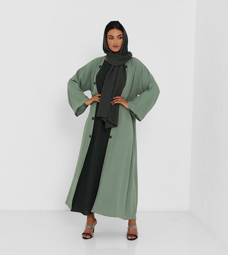 Green Color Abaya With Grey Color Inner Top And Grey Button Two Pcs Abaya
