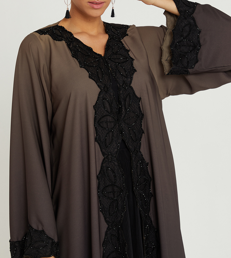 Lace Detailed V-Neck Long Sleeves Abaya 