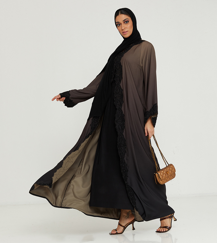Lace Detailed V-Neck Long Sleeves Abaya 