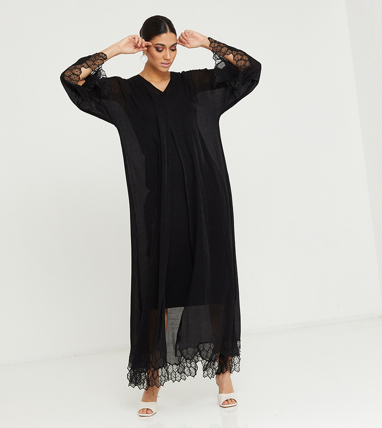 Lace Detailed Embellished Long Sleeve Abaya