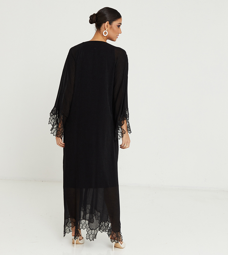 Lace Detailed Embellished Long Sleeve Abaya
