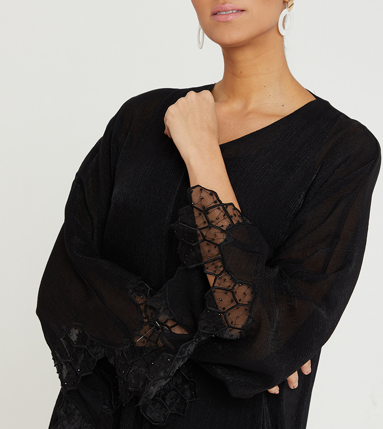 Lace Detailed Embellished Long Sleeve Abaya