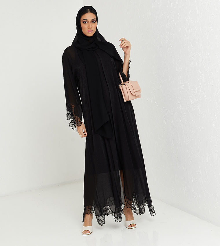 Lace Detailed Embellished Long Sleeve Abaya
