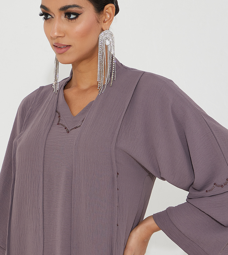 Crinkle Textured Embroidered Abaya with Inner Dress