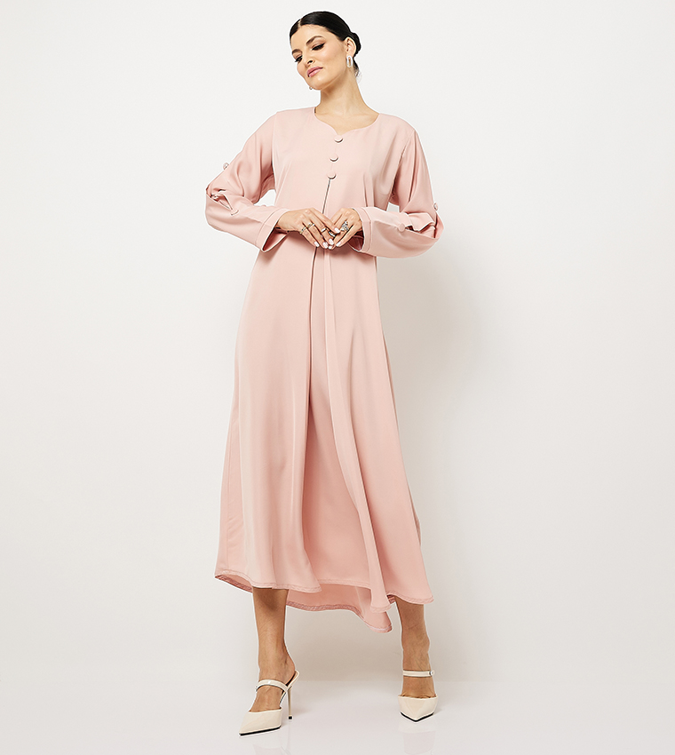 Solid Button Detail Long Sleeves Abaya