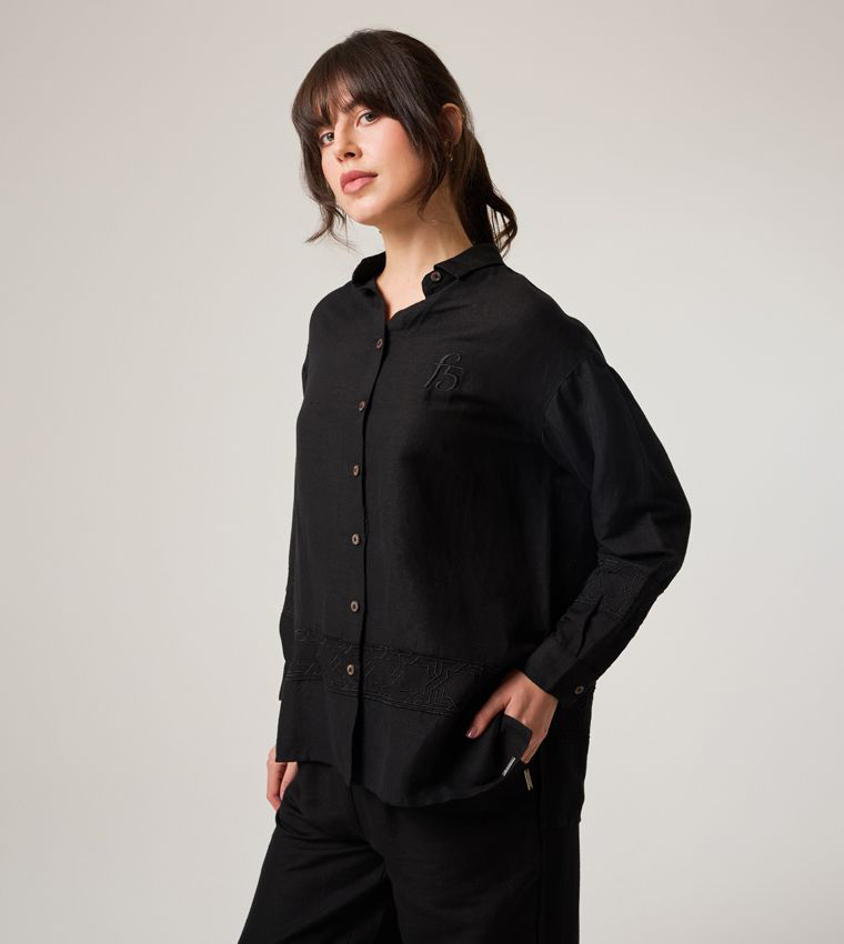 Logo Embroidered Lace Hem Long Sleeve Oversized Shirt