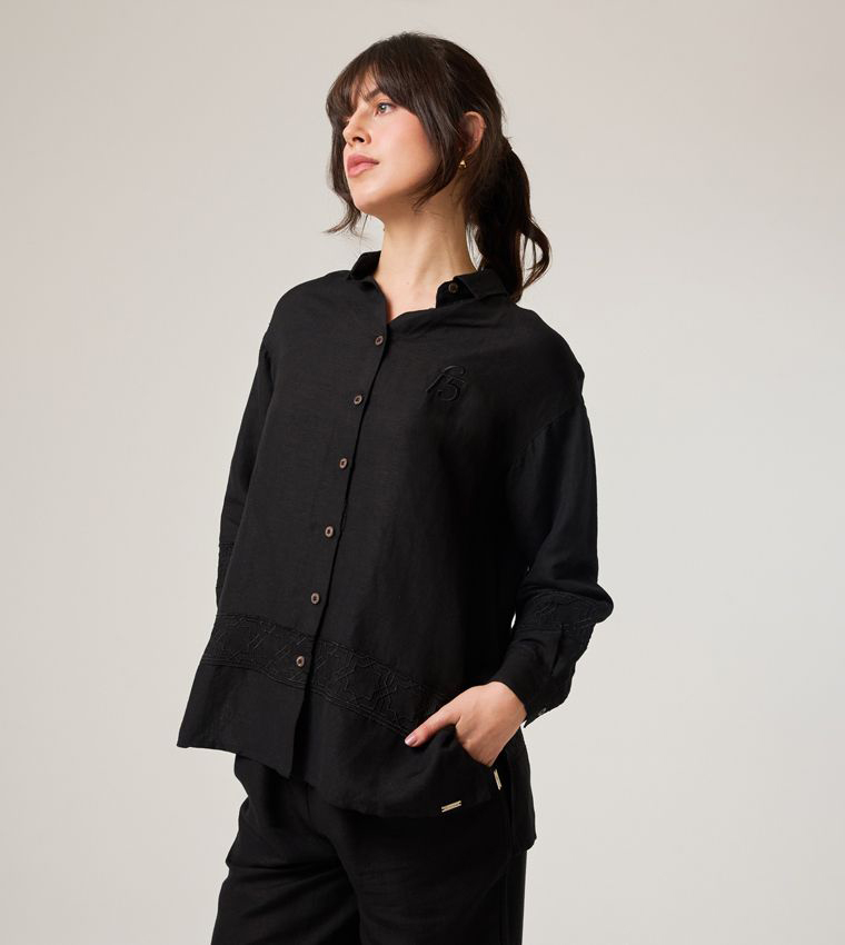 Logo Embroidered Lace Hem Long Sleeve Oversized Shirt