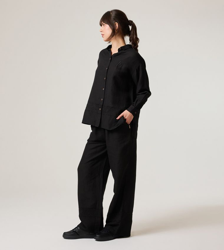 Logo Embroidered Lace Hem Long Sleeve Oversized Shirt