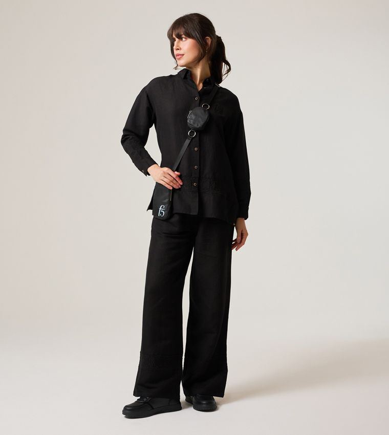 Logo Embroidered Lace Hem Long Sleeve Oversized Shirt