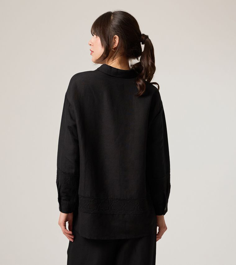 Logo Embroidered Lace Hem Long Sleeve Oversized Shirt