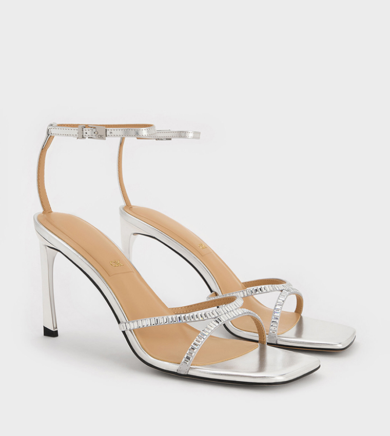 Metallic Leather Crystal-Embellished Ankle Strap Heel Sandals