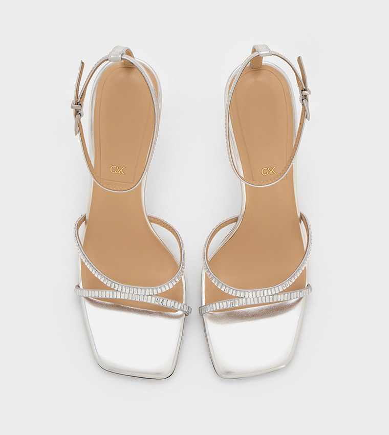 Metallic Leather Crystal-Embellished Ankle Strap Heel Sandals