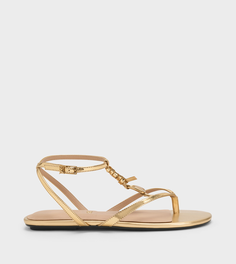 ADEMA Metallic Ankle Strap Flat Sandals