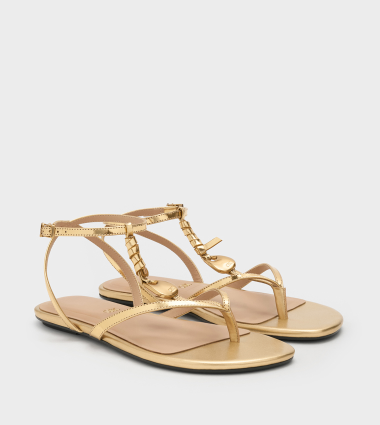 ADEMA Metallic Ankle Strap Flat Sandals