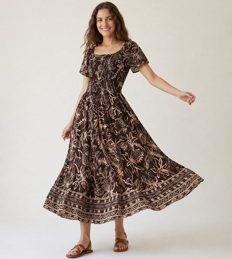 Printed Scoop Neck Midi Dress