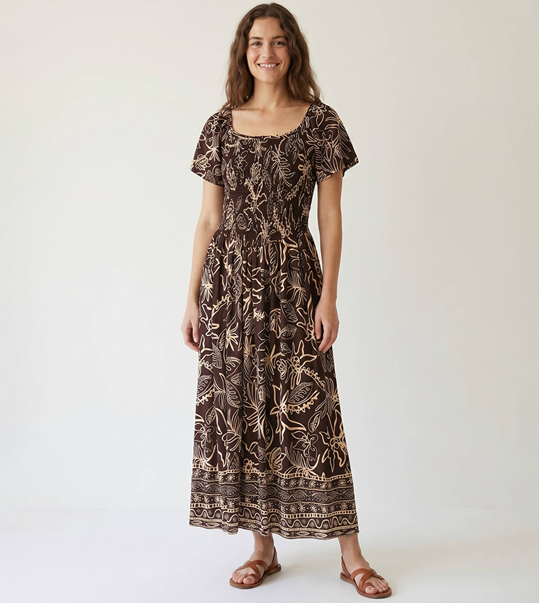 Printed Scoop Neck Midi Dress