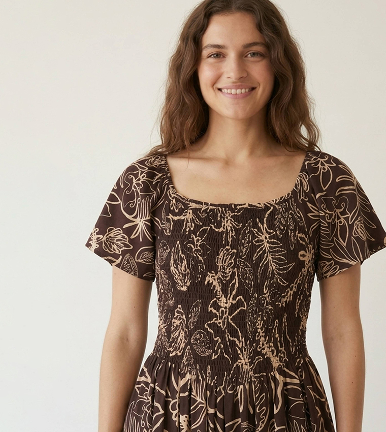 Printed Scoop Neck Midi Dress