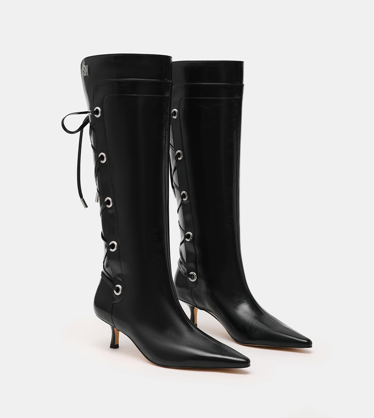 BALLPARK Eyelet Lace Up Pointed Toe Knee High Boots