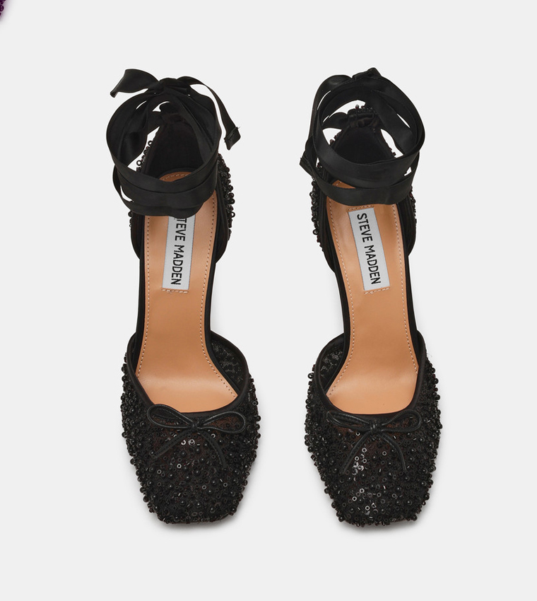 LARINA-SEQ Sequin Embellished Bow Detail Ankle Wrap Pumps