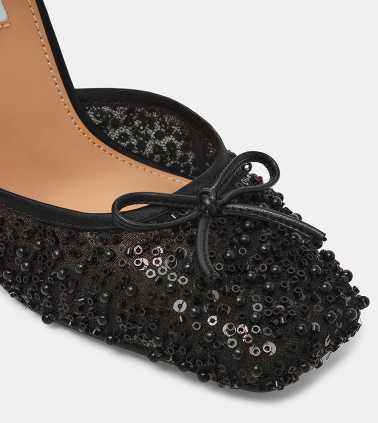 LARINA-SEQ Sequin Embellished Bow Detail Ankle Wrap Pumps