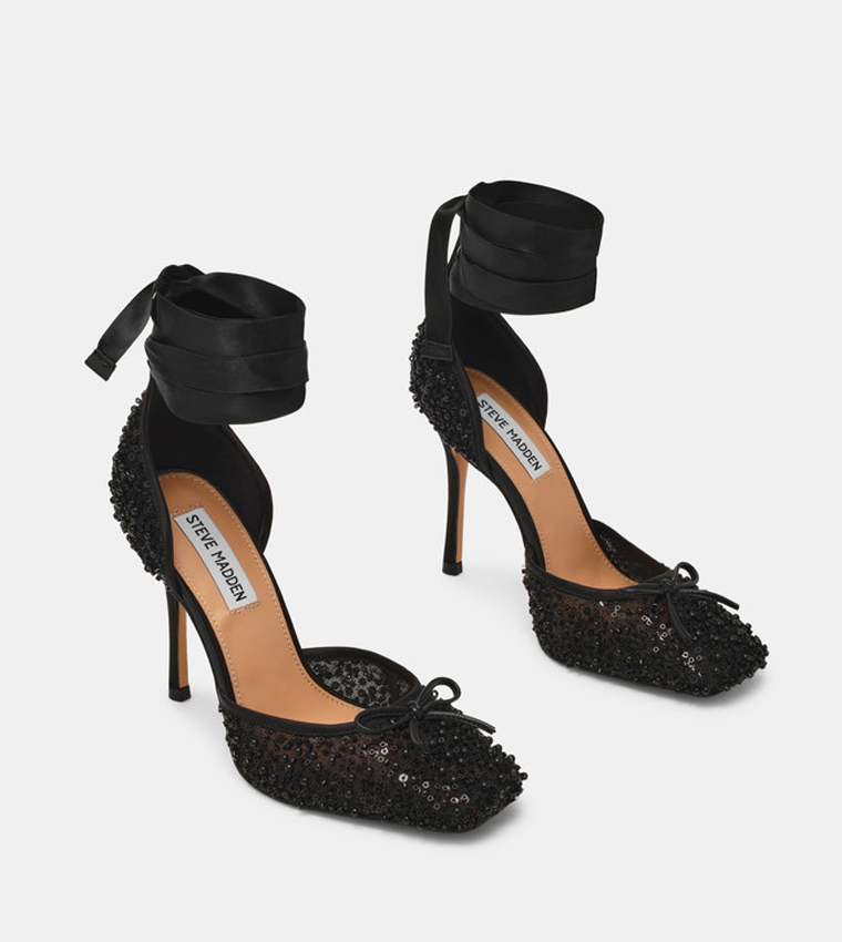 LARINA-SEQ Sequin Embellished Bow Detail Ankle Wrap Pumps