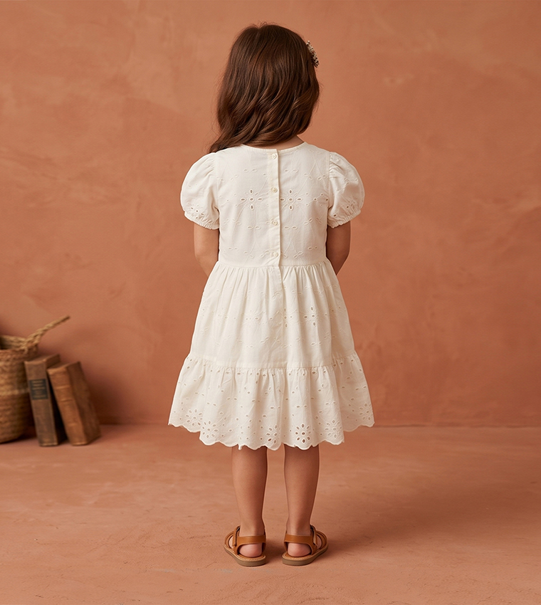 Openwork Puff Sleeves Tiered Mini Dress