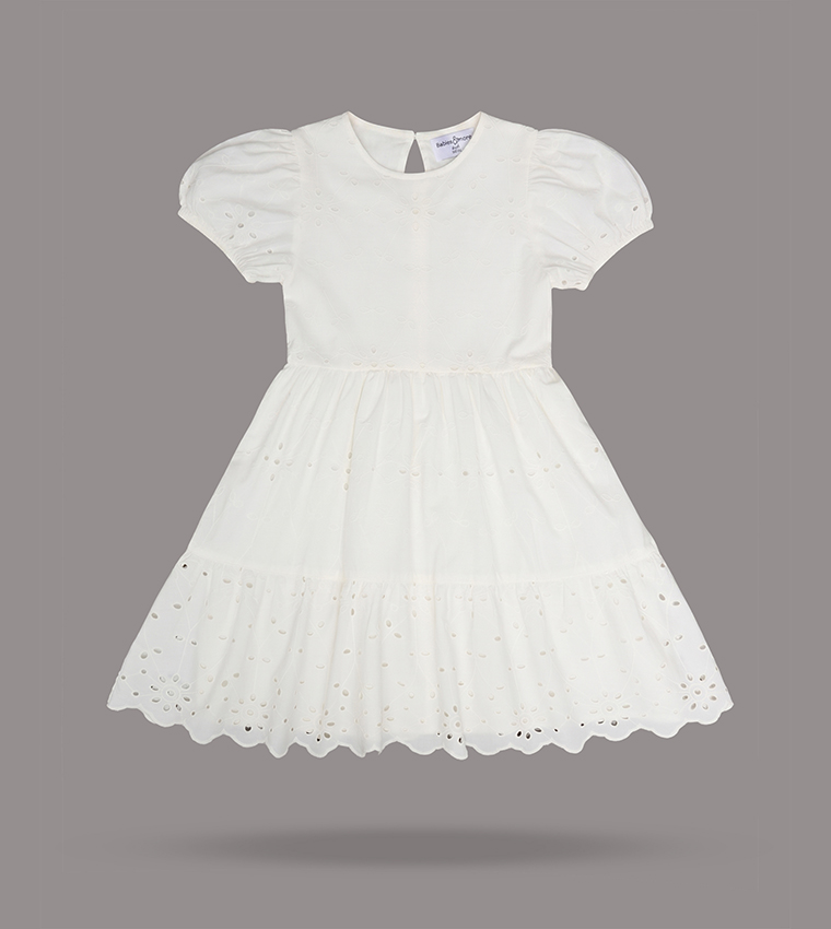 Openwork Puff Sleeves Tiered Mini Dress